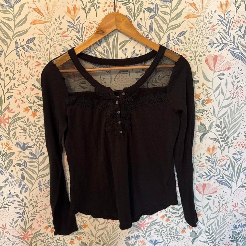 SO Bleack Mesh Lace Henley Top Long Sleeve